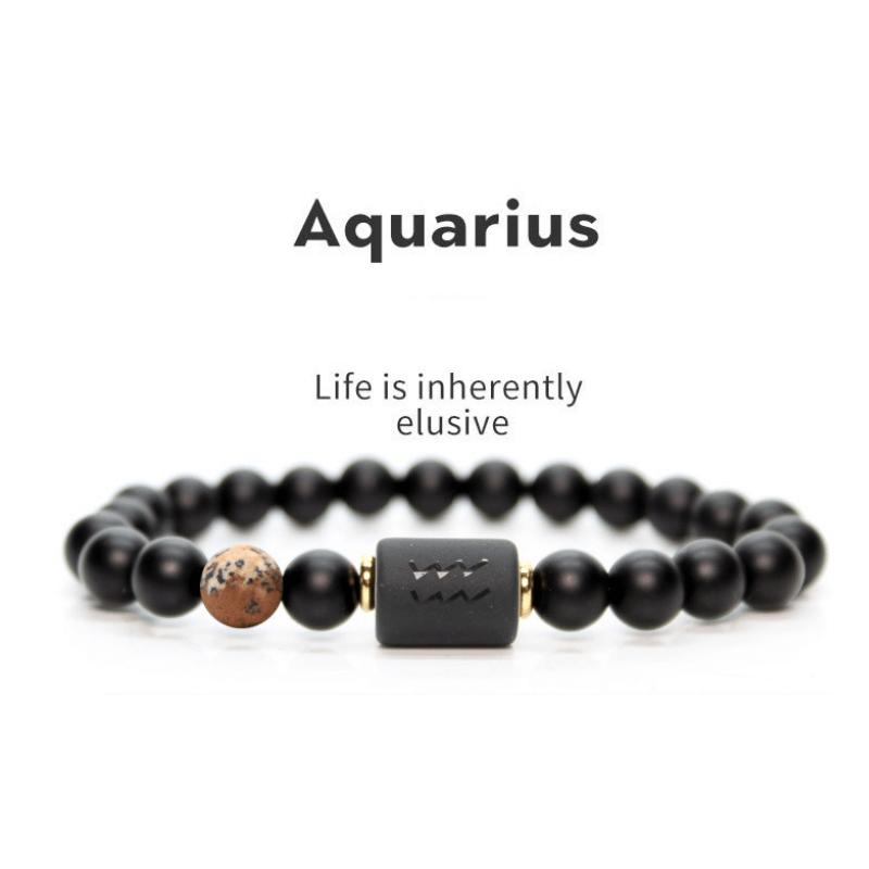 Aquarius Natural Black Agate Stone Zodiac Bracelet