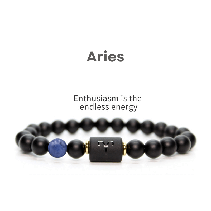 Aries Natural Black Agate Stone Zodiac Bracelet